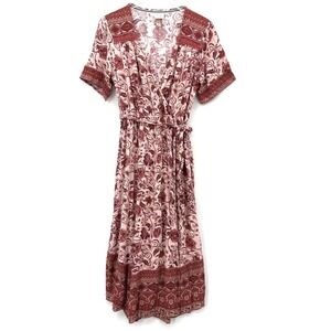 Knox Rose‎ Floral Wrap Dress Size M Boho Cottage Midi Sundress Crochet Pink Red
